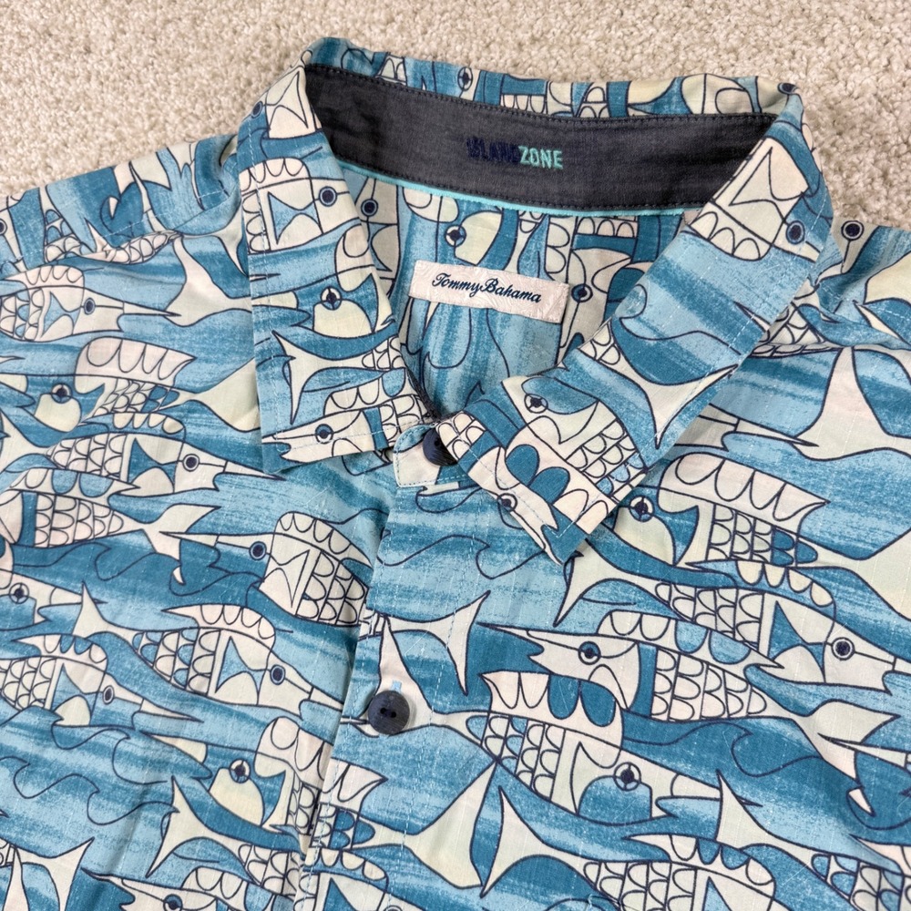 Tommy Bahama Shirt Mens 3XL Blue Fish Print Island Zone Silk Blend Short Sleeve